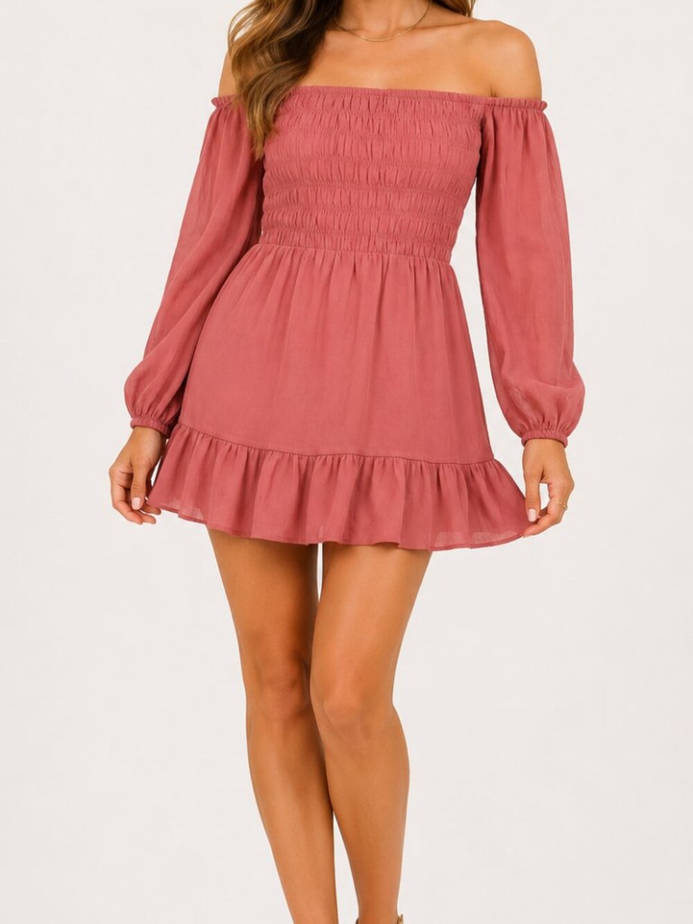 Express Off Shoulder Smocked Mini Dress Mauve Flowy Feminine Coquette